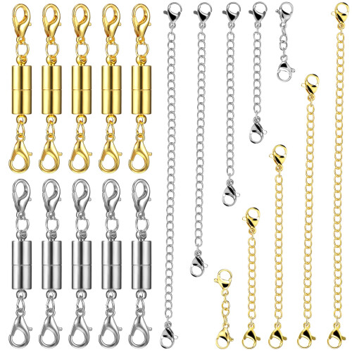 Fecho extensor de corrente magnético, conector de joias em prata e ouro.