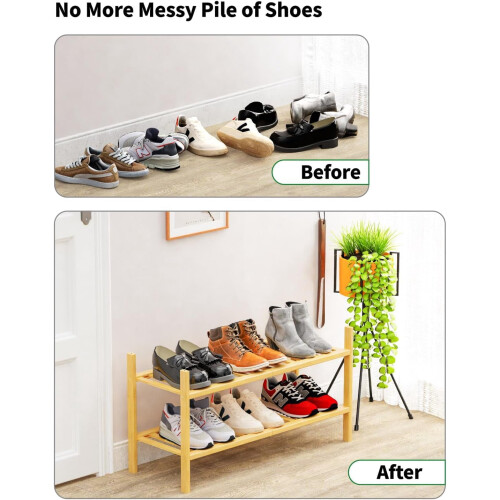 Bamboo Shoe Rack 2-Tier with Shoe Horn Black 2