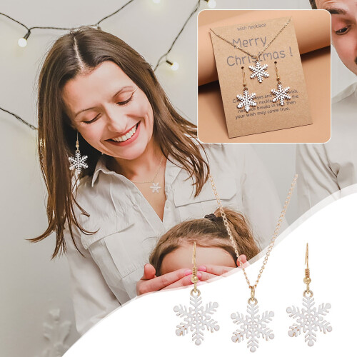 Conjunto de brincos e colar com flocos de neve natalinos 1