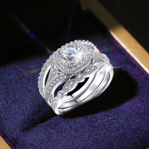 Geometry Rhinestone Engagement Ring Silver 3-Piece Set 1