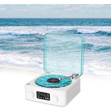 Reproductor de vinilos Waves con altavoz Bluetooth, color blanco, portátil y estilo vintage.