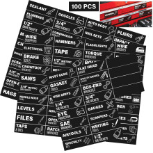 100 St Magnetiska Verktygslåds Etiketter, Verktygslåda Organizer med 4 Tomma Etiketter, Starka Magneter med Ikoner