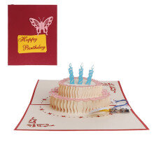 Birthday pop-up greeting card with cake, music, and LED