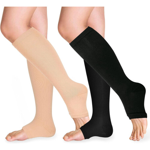 Compression Socks Open Toe 15-20 mmHg Knee High 2 Pairs