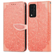 T-Mobile REVVL V+ 5G portemonneehoesje, flipcover van PU-leer met bloemenreliëf, kaartsleuven en standaard voor dames, oranje