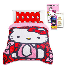 Hello Kitty Bedding Set Twin Bed - Bundle with Bedspread, Flat Sheet, Fitted Sheet, and Pillowcase for Twin Bed Plus Stickers, More