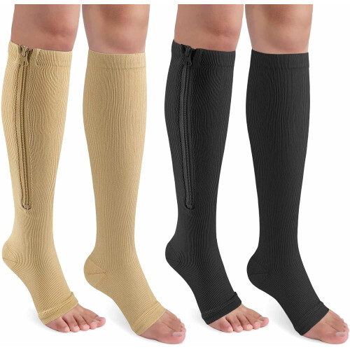 Compression Socks Open Toe Knee High 15-20 mmHg 2 Pairs