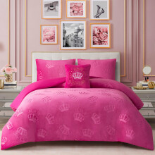 Juicy Couture Plush Reversible Embossed Crown 3-Piece Twin/Twin XL Comforter Set with Decorative Pillow, Hot Pink