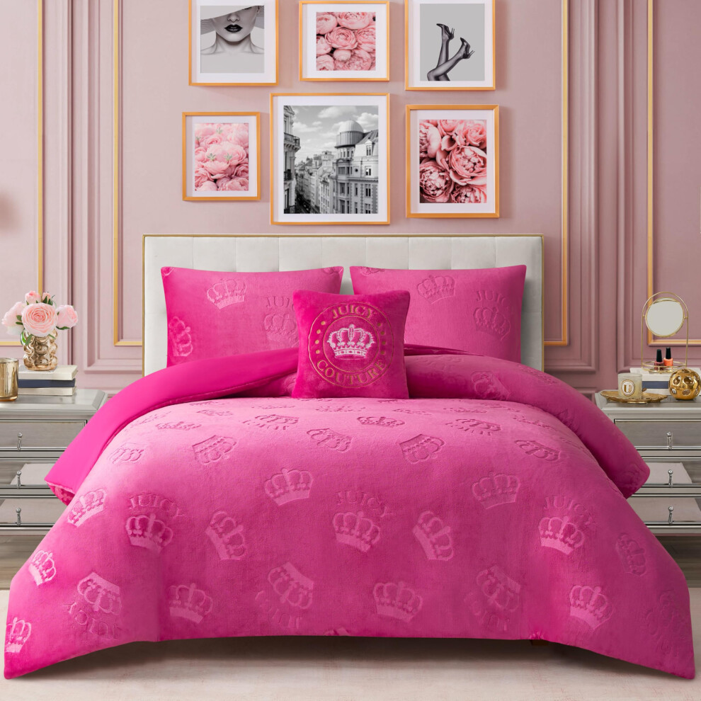 Juicy Couture Plush Reversible Embossed Crown 3-Piece Twin/Twin Xl Comforter Set With Decorative Pillow, Hot Pink