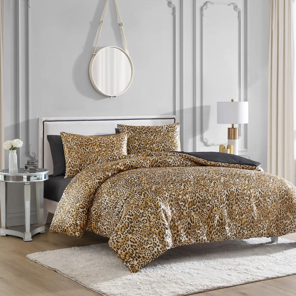 Juicy Couture Full/Queen Leopard Satin Duvet Cover Set - Cheetah Print 3-Piece Machine Washable Reversible Animal Print Bedding Duvet Cover And Sham S
