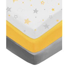 American Baby Company 3-Pak Aansluitbare Ledikantlakens 28" x 52", Zacht Ademend Neutraal 100% Katoen, Geel Ster/Geel/Grijs