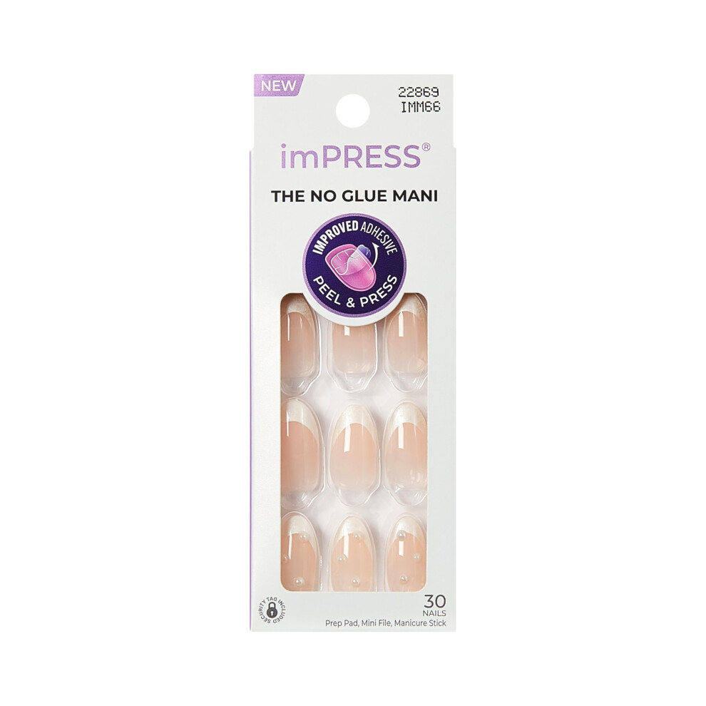 Impress Kiss No Glue Mani Press On Nails, Design, 'Chills', White, Medium Size, Almond Shape, Includes 30 Nails, Prep Pad, Instructions Sheet, 1 Manic