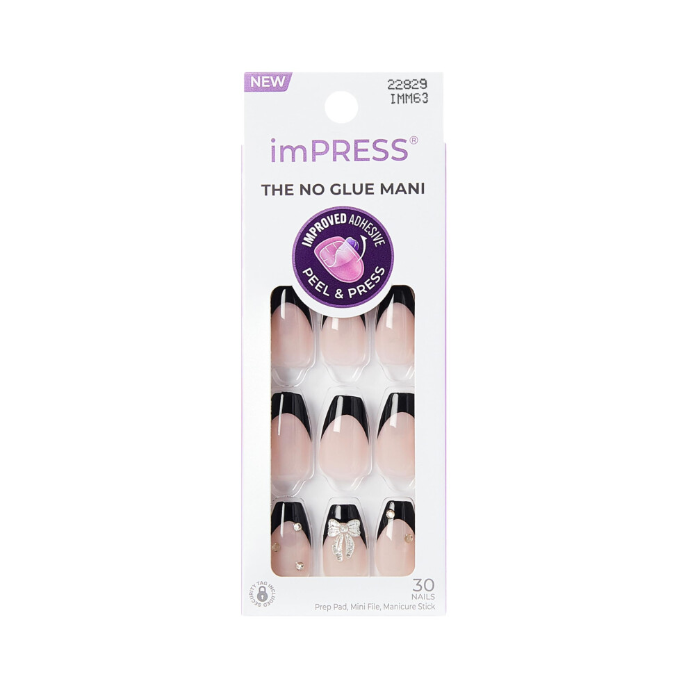 Impress Kiss No Glue Mani Press On Nails, Design, 'By The River', Black, Medium Size, Coffin Shape, Includes 30 Nails, Prep Pad, Instructions Sheet, 1