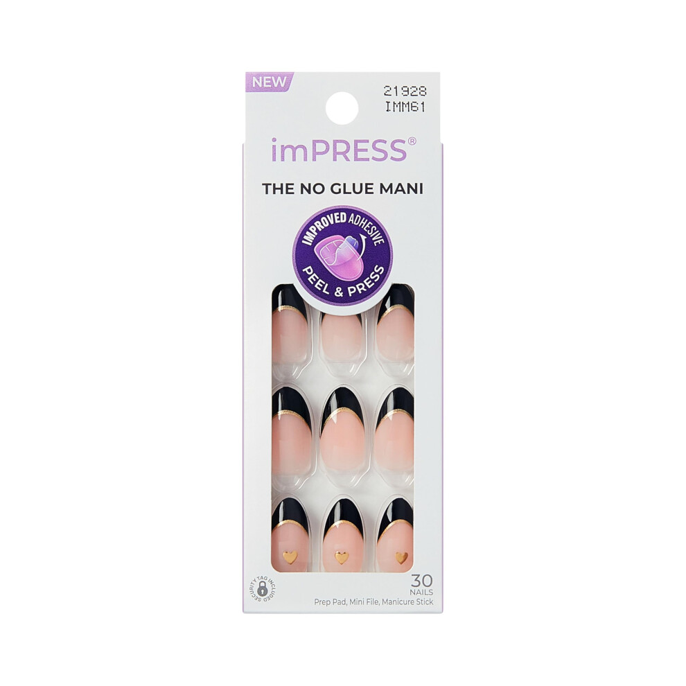 Impress Kiss No Glue Mani Press On Nails, Design, 'Positive', Black, Medium Size, Almond Shape, Includes 30 Nails, Prep Pad, Instructions Sheet, 1 Man