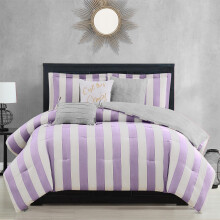 Juicy Couture Cabana Stripe Reversible Bedding Set - Twin/Twin XL Size - Lavender/White Stripe Print - 5 Piece Set - Includes 1 66" x 90" Comforter, 3