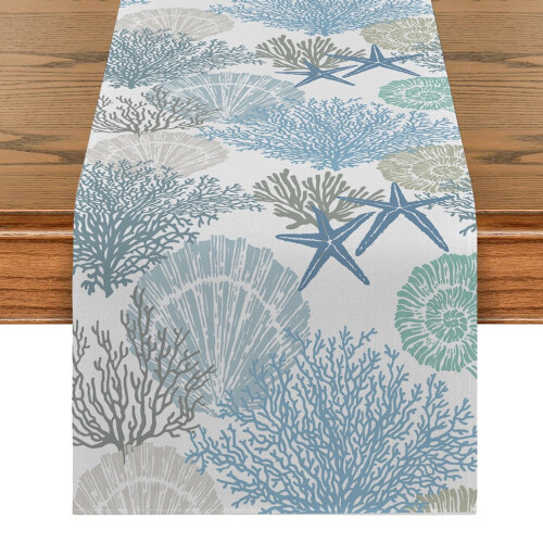 Coral linen table runner 13" x 72" geometric design