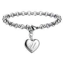 Stainless Steel Heart Charm Bracelet with Alphabet Letters