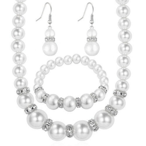 Set di collana con strass e perle d'argento con bracciale e