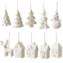White Ceramic Christmas Tree and Snowman Figurines 2 pcs