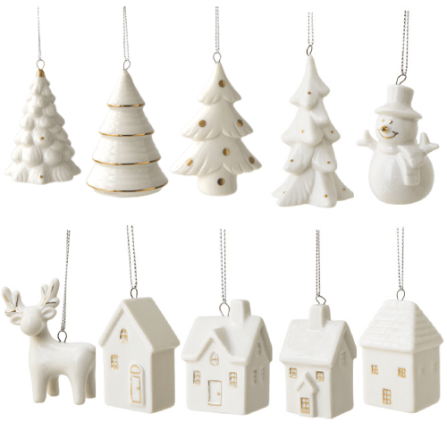 White Ceramic Christmas Tree and Snowman Figurines 2 pcs