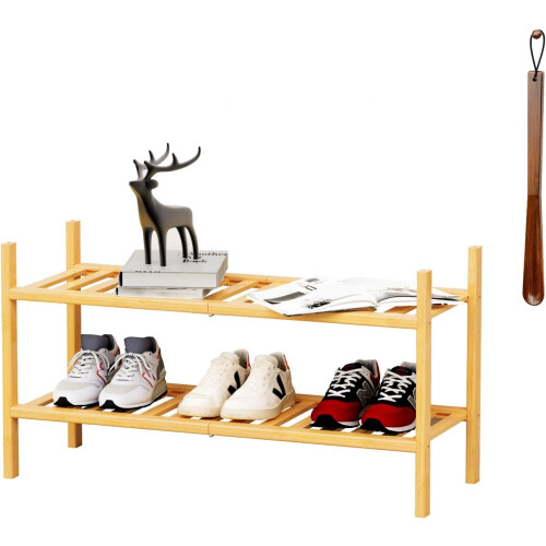 Bamboo Shoe Rack 2-Tier with Shoe Horn Black