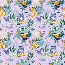 NuWallpaper x Printfresh Meowing Mermaids Lavender Peel and Stick Wallpaper, PFS6392