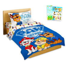 Paw Patrol Twin Bedding Set Best Boys - Bundle of Paw Patrol Bedspread, Flat Sheet, Fitted Sheet, Pillowcase, Stickers, More | Room Decor