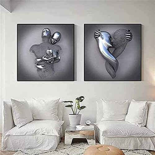 Love Heart 3D Wall Art Metallic Canvas Grey 2