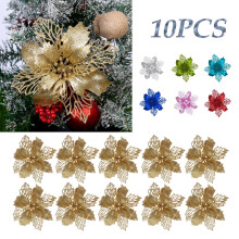 Artificial Poinsettia Flowers Red Glitter Gold 10 pcs