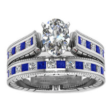 Simulated Sapphire Ring and Band Set 18k White Gold 2.5 cttw