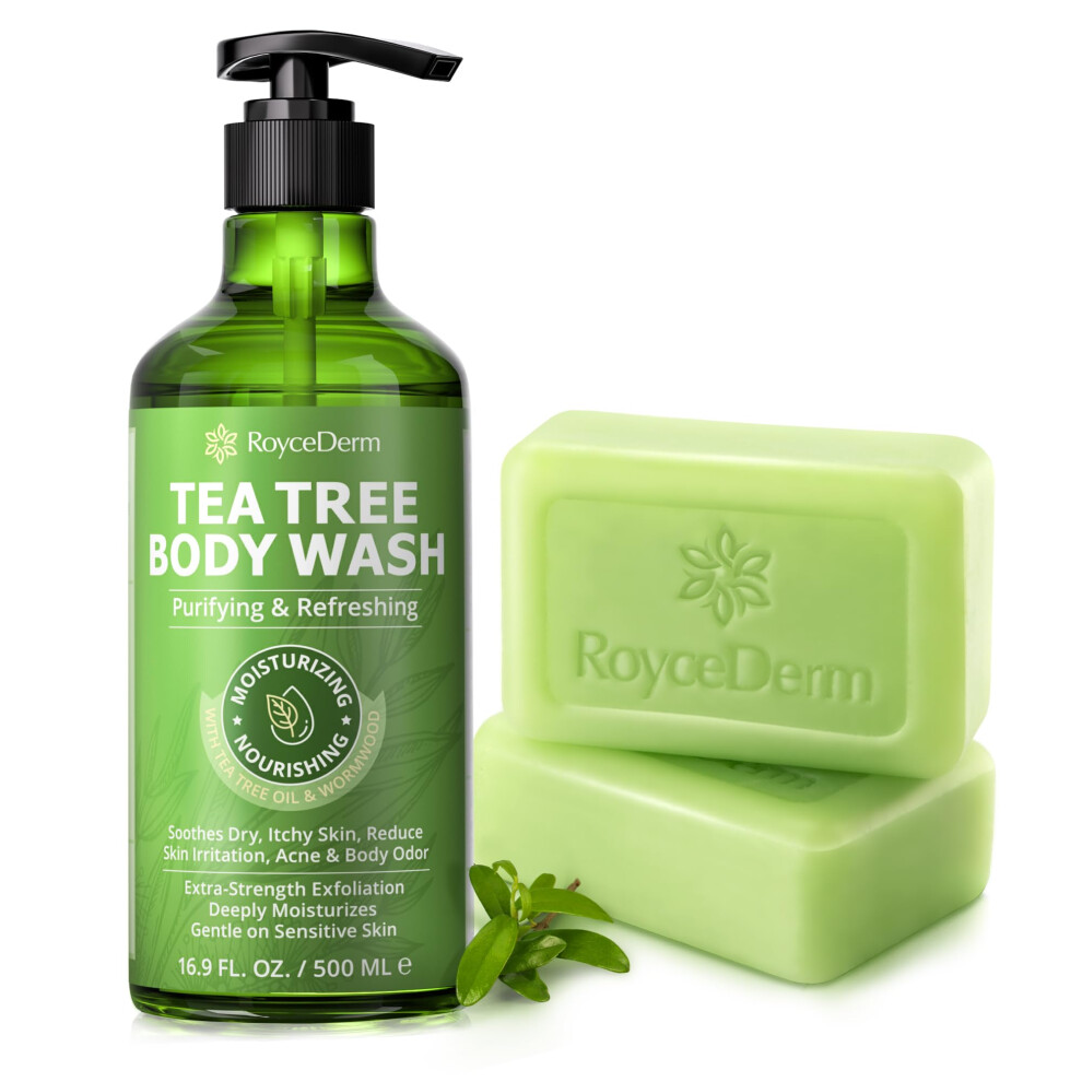 Roycederm Tea Tree Body Wash & Bar Soap Set - Refreshing Cleanse With Tea Tree Oil & Wormwood
