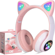 Casque sans fil avec oreilles de chat et éclairage LED, Bluetooth, pliable, avec microphone intégré, idéal pour l'apprentissage à dista
