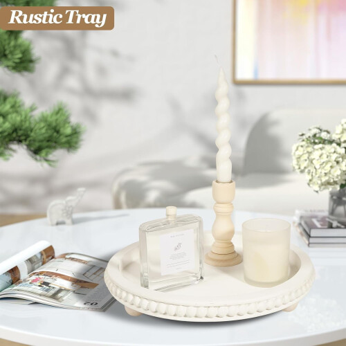 Plateau rond en bois blanc style ferme 30 cm 2