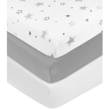 American Baby Company 3-Pack Fitted Crib Sheets 28" x 52", Zacht Ademend Neutraal 100% Katoen, Super Sterren/Grijs/Wit