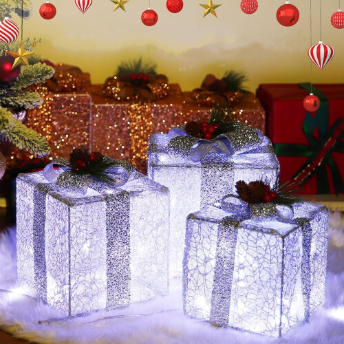 Christmas Lighted Gift Boxes Silver 8.6" 7" 6.3" Set of 3