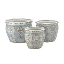 Set di 3 Vasi da Giardino in Ceramica Blu & Bianco Floreali (7.5", 10", 13")