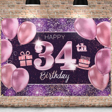 34th Birthday Banner Backdrop Pink Purple Gold