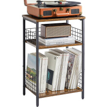Record Player Stand 3-Tier Rustic Brown Holds 100+ Albums