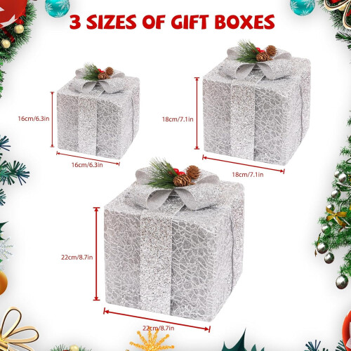 Christmas Lighted Gift Boxes Silver 8.6" 7" 6.3" Set of 3 1