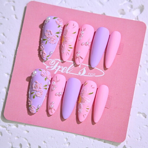 Frely's Stiletto Press-On Nails Set Purple Pink Silver