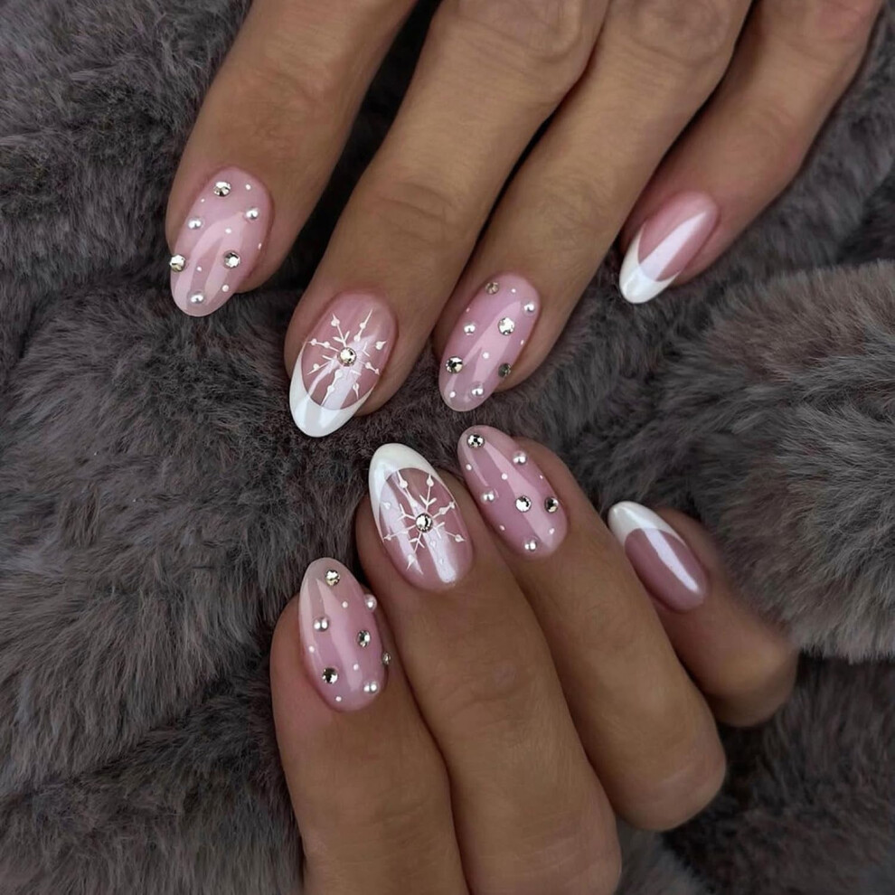 Christmas Almond Fake Nails with Glitter Deer Design 24pcs