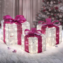 Boîtes cadeaux lumineuses de Noël rose vif, 140 LED, 8 modes
