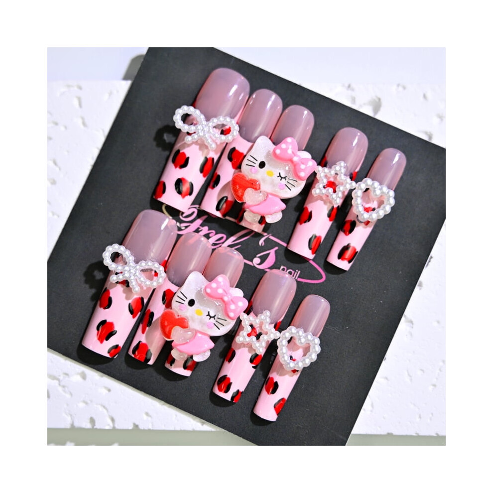 Frely's square leopard-print press-on nails, handmade, 24