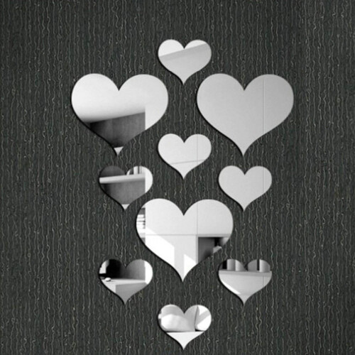 Love Heart Acrylic 3D Mirror Wall Sticker 10pcs