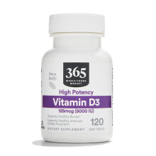 365 van Whole Foods Market, Vitamine D3 5000 IU, 120 Softgels, Verpakking kan variëren
