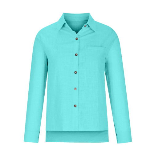 Camisa feminina de verão Hezzwei em algodão e linho com bolsos e 2