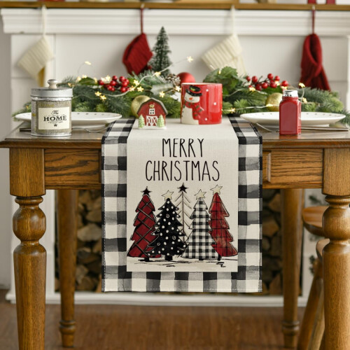 Watercolor Buffalo Plaid Christmas Tree Table Runner 72x14 2