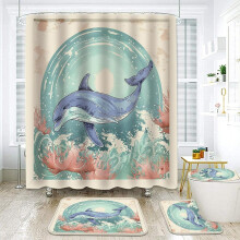 Dolphin Bathroom Set Beige 4PCS with Shower Curtain Rugs