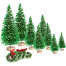 Mini Christmas Trees with Wood Base 8 pcs