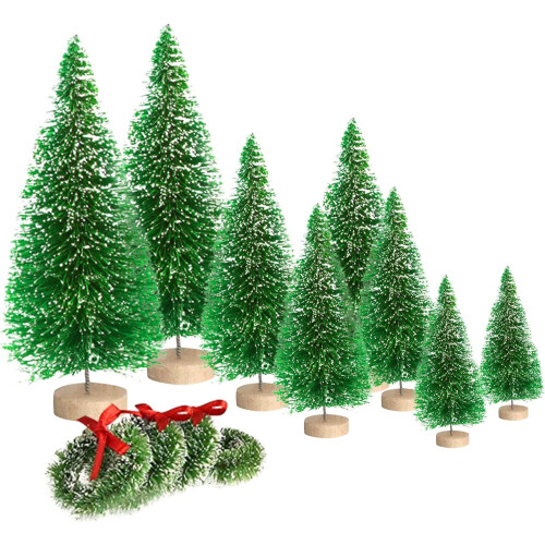 Mini Christmas Trees with Wood Base 8 pcs